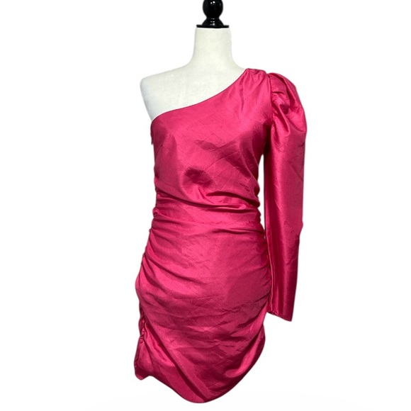 Aritzia WILFRED Rhapsody One Shoulder Long Sleeve Dress in Electron Fuchsia - Picture 4 of 16